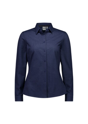 Navy blue button-down shirt with a collar and long sleeves, front placket of buttons visible.
