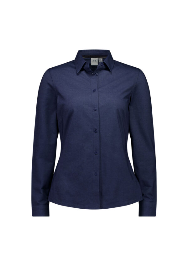 Navy blue button-down shirt with a collar and long sleeves, front placket of buttons visible.