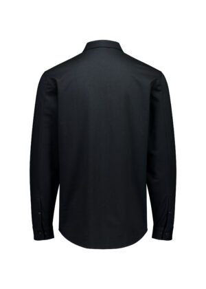 Back view of a plain black long-sleeve dress shirt with buttoned cuffs.
