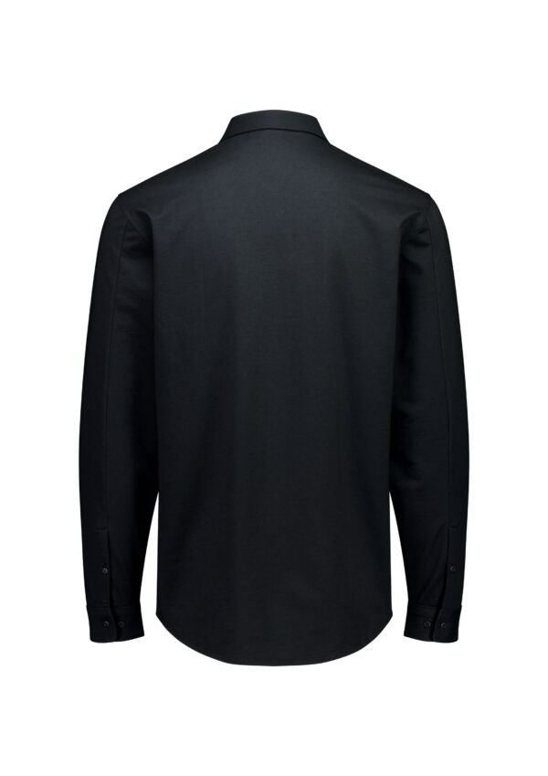 Back view of a plain black long-sleeve dress shirt with buttoned cuffs.