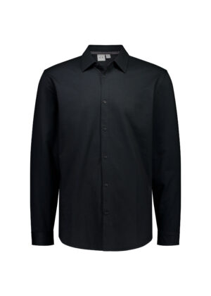 Black button-down dress shirt with long sleeves and a spread collar, front view (solid black).