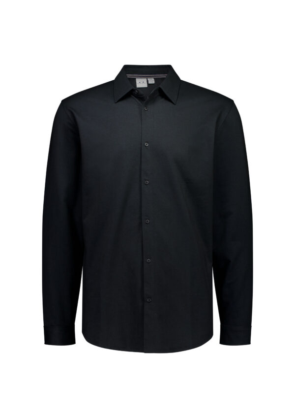 Black button-down dress shirt with long sleeves and a spread collar, front view (solid black).