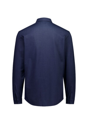Back view of a plain navy blue long-sleeve shirt with a classic collar and curved hem.