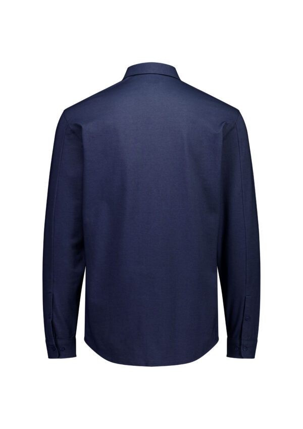 Back view of a plain navy blue long-sleeve shirt with a classic collar and curved hem.