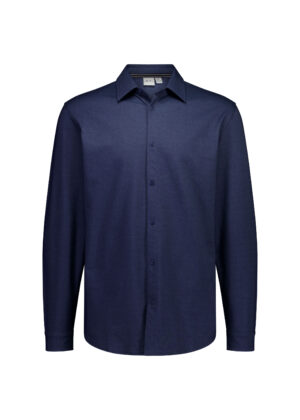 Navy blue long-sleeve button-down shirt displayed full front view, no pattern.