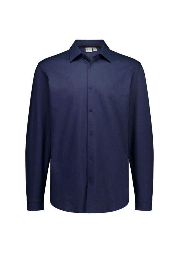 Navy blue long-sleeve button-down shirt displayed full front view, no pattern.