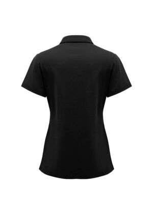 Back view of a black short-sleeve polo shirt with a collar, showcasing a fitted silhouette.