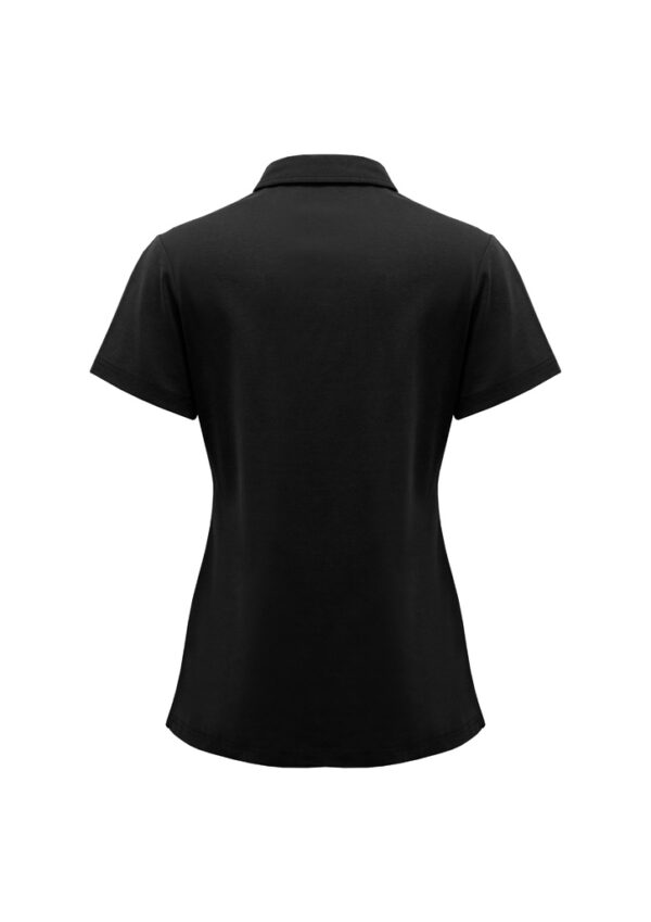Back view of a black short-sleeve polo shirt with a collar, showcasing a fitted silhouette.