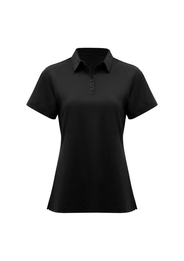 Black polo shirt with short sleeves and a three-button placket on a white background (product photo)