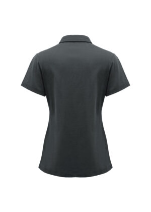 Back view of a dark gray polo shirt on a plain white background, short sleeves and a collar visible from behind.