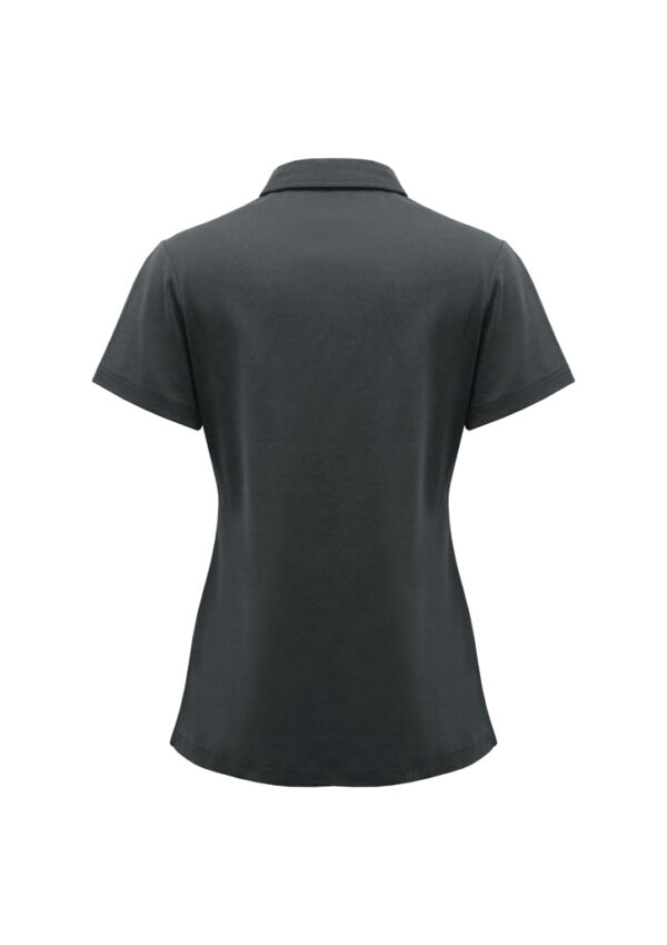 Back view of a dark gray polo shirt on a plain white background, short sleeves and a collar visible from behind.
