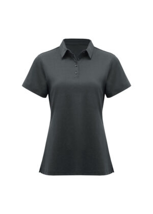 Dark gray polo shirt with short sleeves on a white backdrop, product photo.