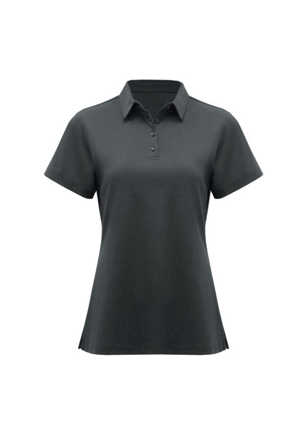Dark gray polo shirt with short sleeves on a white backdrop, product photo.