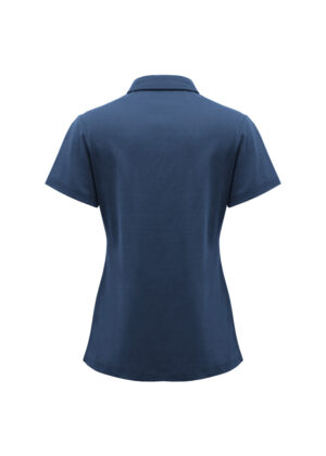 Blue short-sleeve polo shirt shown from the back on a white background, highlighting the fit and collar detail.