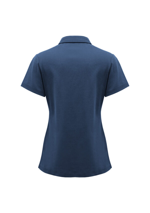 Blue short-sleeve polo shirt shown from the back on a white background, highlighting the fit and collar detail.