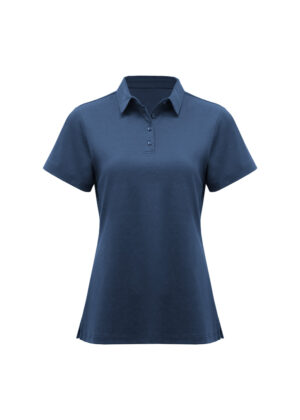 Blue polo shirt with short sleeves and a collared neckline, three-button placket, basic solid color