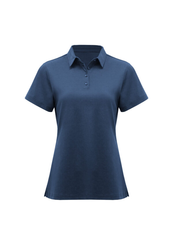 Blue polo shirt with short sleeves and a collared neckline, three-button placket, basic solid color