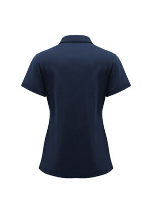 Navy polo shirt shown from the back with short sleeves and a collar, tapered at waist.