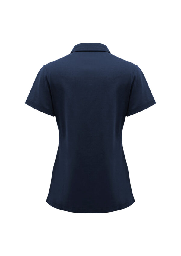 Navy polo shirt shown from the back with short sleeves and a collar, tapered at waist.