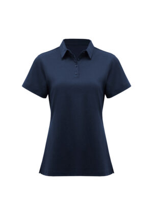 Navy blue polo shirt with a collar, short sleeves, and a three-button placket on a white background.