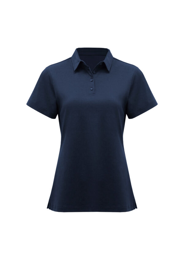 Navy blue polo shirt with a collar, short sleeves, and a three-button placket on a white background.