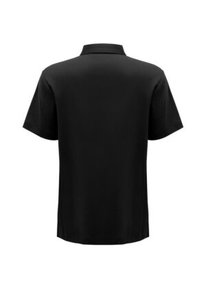 Back view of a plain black short-sleeve polo shirt on a white background.