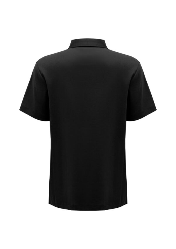 Back view of a plain black short-sleeve polo shirt on a white background.
