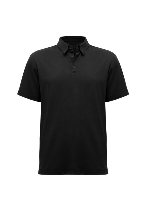 Black polo shirt with short sleeves and a three-button placket on a white background.