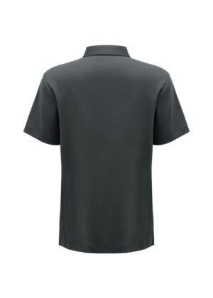 Back view of a charcoal short-sleeve polo shirt with a simple collar on a white background, plain design
