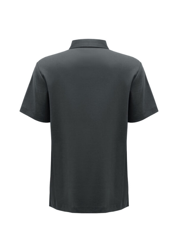 Back view of a charcoal short-sleeve polo shirt with a simple collar on a white background, plain design