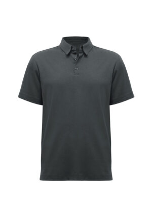 Dark gray polo shirt with a buttoned collar and short sleeves, plain front.