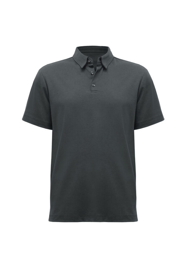 Dark gray polo shirt with a buttoned collar and short sleeves, plain front.
