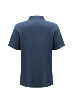 Back view of a navy blue short-sleeve polo shirt with a collar.