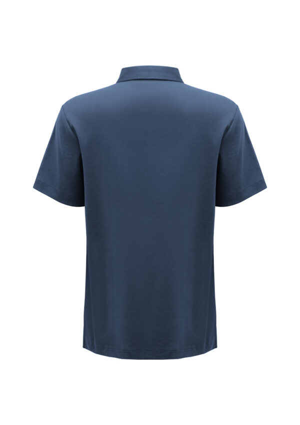 Back view of a navy blue short-sleeve polo shirt with a collar.