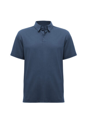 Blue polo shirt with short sleeves and a button placket, shown from the front.