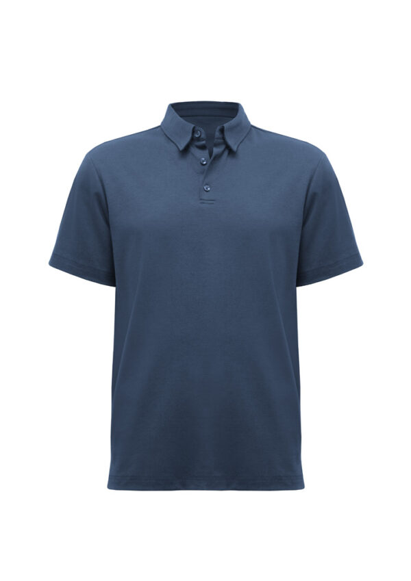 Blue polo shirt with short sleeves and a button placket, shown from the front.