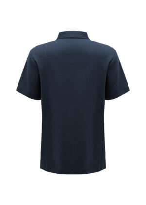 Back view of a navy short-sleeve polo shirt against a white background, showing a plain design and collar.
