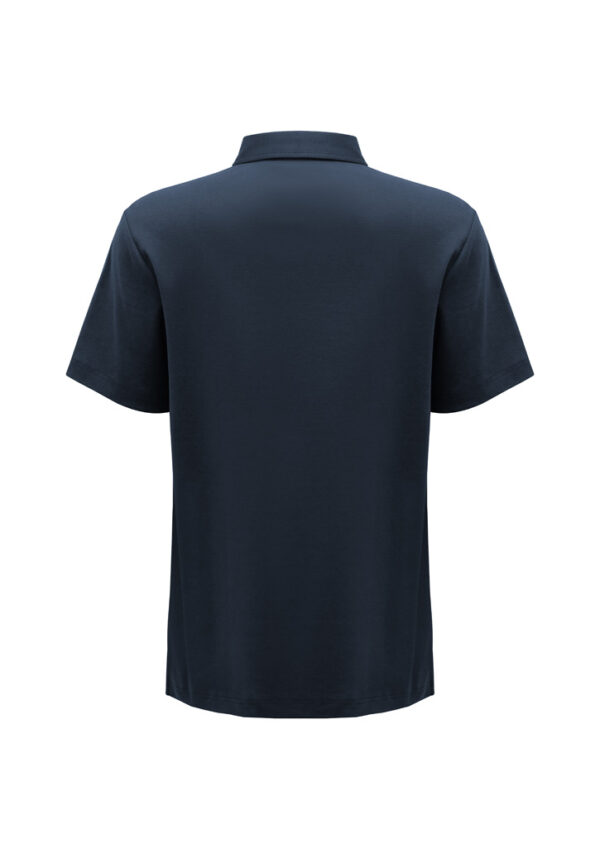 Back view of a navy short-sleeve polo shirt against a white background, showing a plain design and collar.