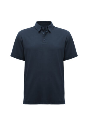 Navy blue polo shirt with short sleeves and a three-button placket on a white background, front view.