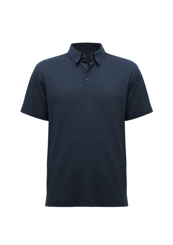 Navy blue polo shirt with short sleeves and a three-button placket on a white background, front view.