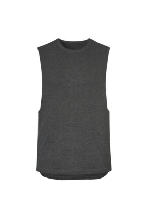 Dark gray sleeveless tank top with a curved hem on a white background.