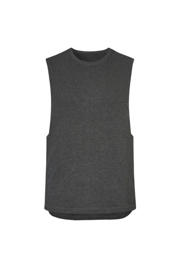 Dark gray sleeveless tank top with a curved hem on a white background.