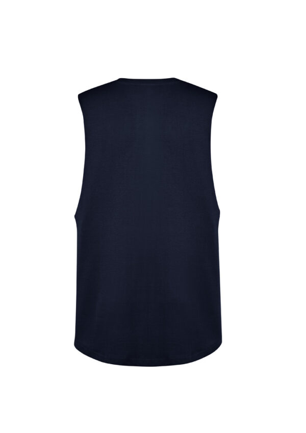 Back view of a navy blue sleeveless tank top