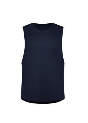 Navy blue sleeveless tank top with a round neckline on a white background, loose fit.
