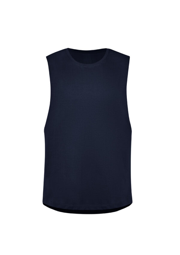 Navy blue sleeveless tank top with a round neckline on a white background, loose fit.