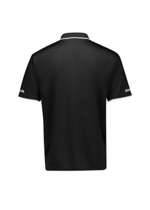 Back view of a black polo shirt with white trim on the collar and sleeve cuffs.