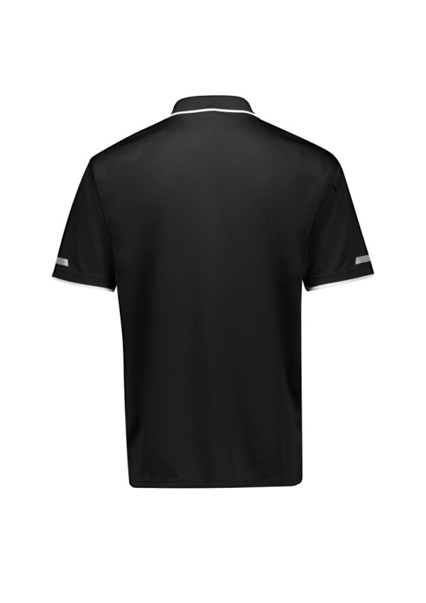 Back view of a black polo shirt with white trim on the collar and sleeve cuffs.