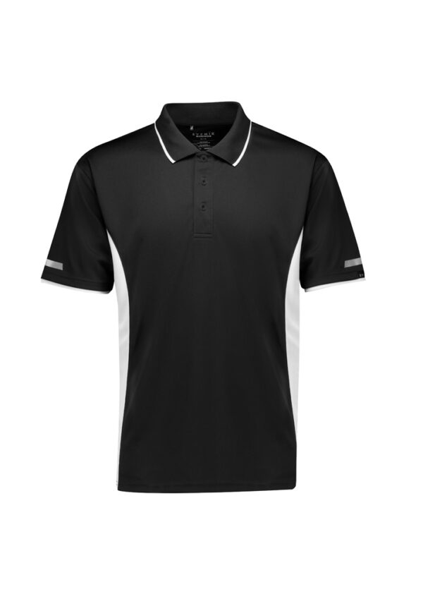 Black polo shirt with white piping on the collar and white side panels, short sleeves, plain front.