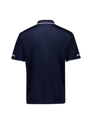 Back view of a navy polo shirt with white trim on the collar and sleeve cuffs.