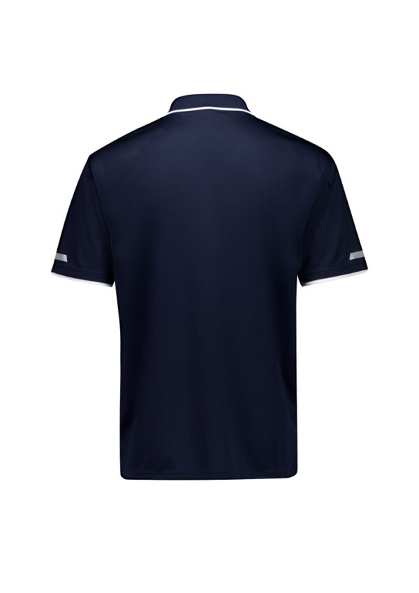 Back view of a navy polo shirt with white trim on the collar and sleeve cuffs.